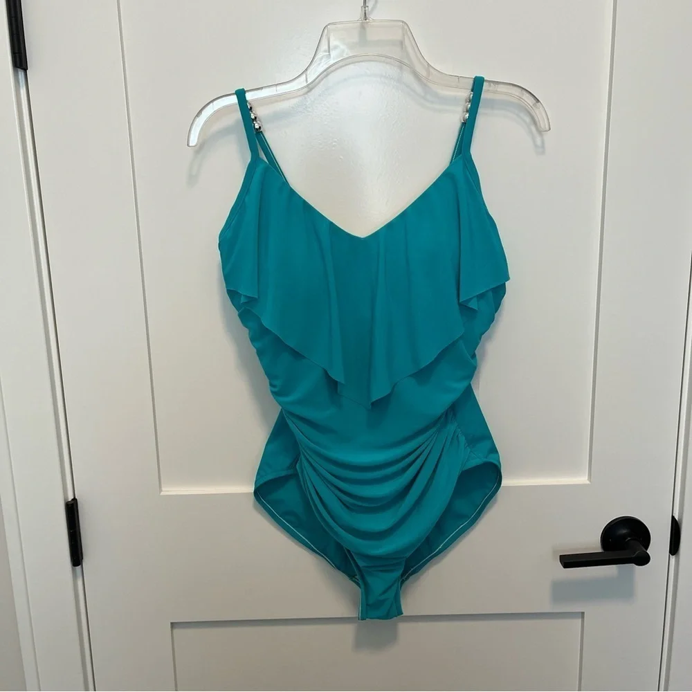 NWT Magicsuit Size 12 Blue Malibu Teal One Piece Swimsuit V-neck Underwire